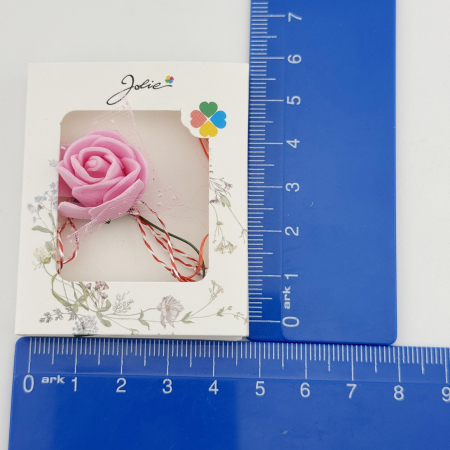 Martisor Motiv Floral, Jolie, Model Trandafir, cu Snur Alb/Rosu, 9 x 5 cm, Roz [2]