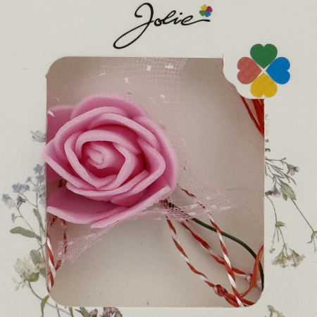 Martisor Motiv Floral, Jolie, Model Trandafir, cu Snur Alb/Rosu, 9 x 5 cm, Roz [1]
