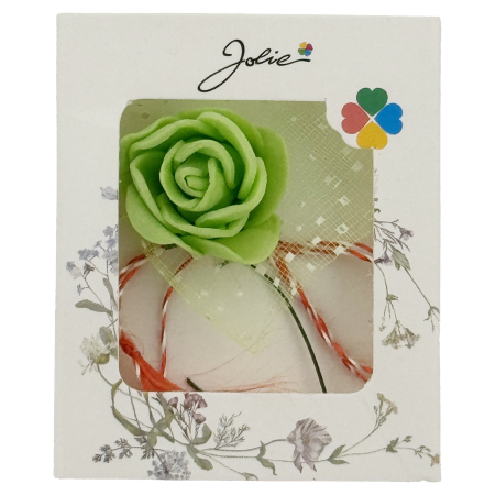 Sub 99 Lei - Martisor Motiv Floral, Jolie, Model Trandafir, cu Snur Alb/Rosu, 9 x 5 cm, Verde deschis