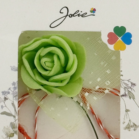 Martisor Motiv Floral, Jolie, Model Trandafir, cu Snur Alb/Rosu, 9 x 5 cm, Verde deschis [1]
