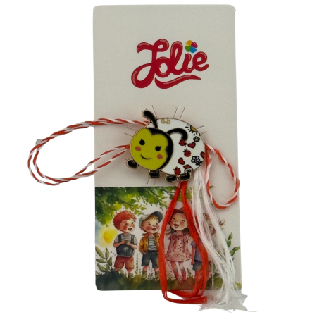 Sub 99 Lei - Martisor pentru copii, Jolie, Material Metal, Ambalaj Carton cu Design, Dimensiune Brosa Aproximativ 2x2 cm, Model Buburuza, Multicolor