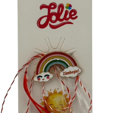 Martisor pentru copii, Jolie, Material Metal, Ambalaj Carton cu Design, Dimensiune Brosa Aproximativ 2x2 cm, Multicolor, cu Mesaj, Model Curcubeu si Norisori [2]