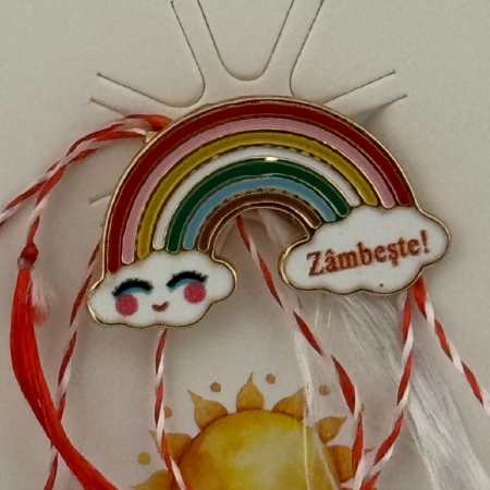 Martisor pentru copii, Jolie, Material Metal, Ambalaj Carton cu Design, Dimensiune Brosa Aproximativ 2x2 cm, Multicolor, cu Mesaj, Model Curcubeu si Norisori [1]