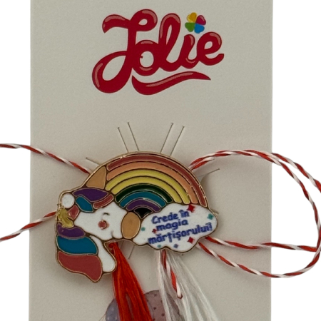 Martisor pentru copii, Jolie, Material Metal, Ambalaj Carton cu Design, Dimensiune Brosa Aproximativ 2x2 cm, Multicolor, cu Mesaj, Model Curcubeu si Unicorn [2]