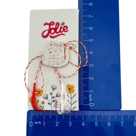 Martisor pentru copii, Jolie, Material Metal, Ambalaj Carton cu Design, Dimensiune Brosa Aproximativ 2x2 cm, Multicolor, cu Mesaj, Model Pisica [3]