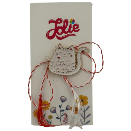 Sub 99 Lei - Martisor pentru copii, Jolie, Material Metal, Ambalaj Carton cu Design, Dimensiune Brosa Aproximativ 2x2 cm, Multicolor, cu Mesaj, Model Pisica
