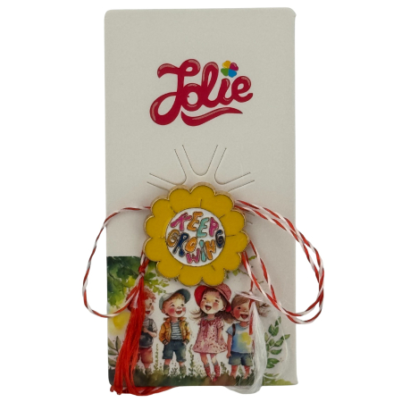 Martisor Insigna Copii - Martisor pentru copii, Jolie, Material Metal, Ambalaj Carton cu Design, Dimensiune Brosa Aproximativ 2x2 cm, Multicolor, cu Mesaj, Model Soare