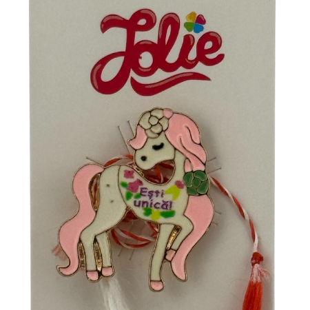 Martisor pentru copii, Jolie, Material Metal, Ambalaj Carton cu Design, Dimensiune Brosa Aproximativ 2x2 cm, Multicolor, cu Mesaj, Model Unicorn [2]