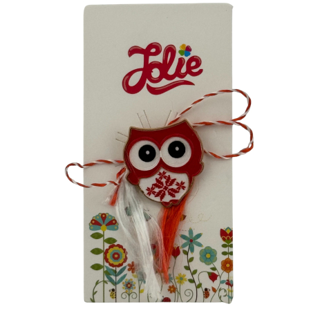 Sub 99 Lei - Martisor pentru copii, Jolie, Material Metal, Ambalaj Carton cu Design, Dimensiune Brosa Aproximativ 2x2 cm, Multicolor, Model Bufnita