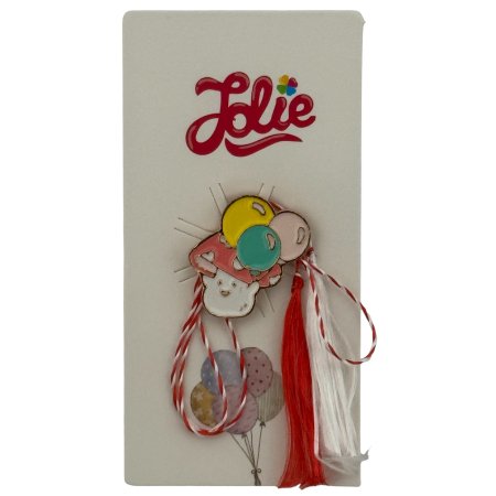Martisor Insigna Copii - Martisor pentru copii, Jolie, Material Metal, Ambalaj Carton cu Design, Dimensiune Brosa Aproximativ 2x2 cm, Multicolor, Model Ciuperca si Baloane