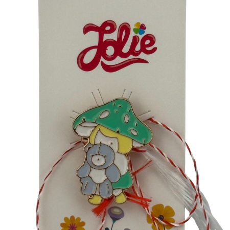 Martisor pentru copii, Jolie, Material Metal, Ambalaj Carton cu Design, Dimensiune Brosa Aproximativ 2x2 cm, Multicolor, Model Ciuperca si Ursulet [2]
