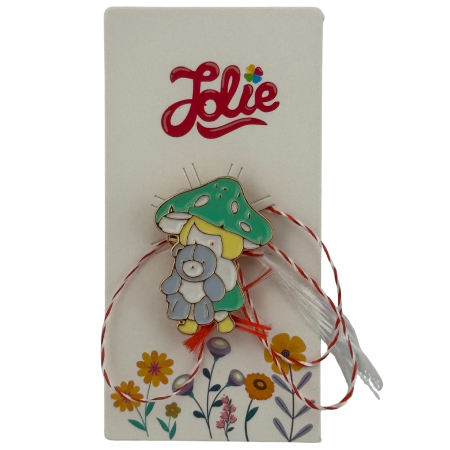 Sub 99 Lei - Martisor pentru copii, Jolie, Material Metal, Ambalaj Carton cu Design, Dimensiune Brosa Aproximativ 2x2 cm, Multicolor, Model Ciuperca si Ursulet