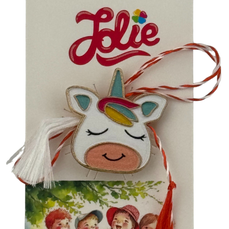 Martisor pentru copii, Jolie, Material Metal, Ambalaj Carton cu Design, Dimensiune Brosa Aproximativ 2x2 cm, Multicolor, Model Unicorn [2]