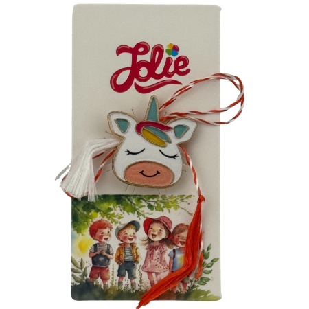 Sub 99 Lei - Martisor pentru copii, Jolie, Material Metal, Ambalaj Carton cu Design, Dimensiune Brosa Aproximativ 2x2 cm, Multicolor, Model Unicorn