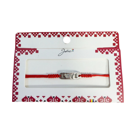 Martisoare Traditionale - Martisor tip Bratara cu Pandantiv Metalic, Jolie, cu Snur Textil Rosu Impletit, Model Love, Dimensiune Reglabila, Ambalata Individual