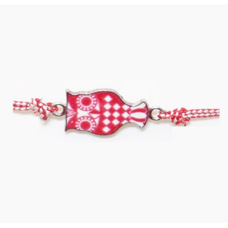 Martisor tip Bratara Traditionala cu Pandantiv, Jolie, Model Bufnita, Snur Impletit Alb/Rosu, Dimensiune Pandativ Aprox 2 cm, Ambalaj cu Design [1]