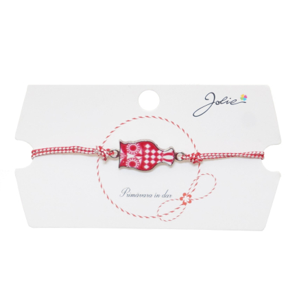 Sub 99 Lei - Martisor tip Bratara Traditionala cu Pandantiv, Jolie, Model Bufnita, Snur Impletit Alb/Rosu, Dimensiune Pandativ Aprox 2 cm, Ambalaj cu Design
