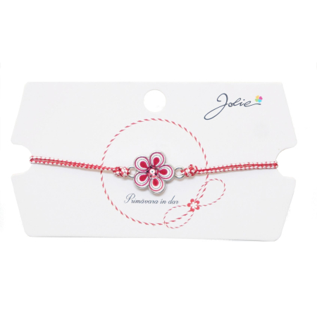 Sub 99 Lei - Martisor tip Bratara Traditionala cu Pandantiv, Jolie, Model Floare, Snur Impletit Alb/Rosu, Dimensiune Pandativ Aprox 2 cm, Ambalaj cu Design