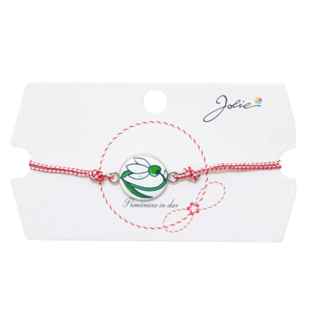 Sub 99 Lei - Martisor tip Bratara Traditionala cu Pandantiv, Jolie, Model Ghiocel, Snur Impletit Alb/Rosu, Dimensiune Pandativ Aprox 2 cm, Ambalaj cu Design