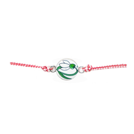 Martisor tip Bratara Traditionala cu Pandantiv, Jolie, Model Ghiocel, Snur Impletit Alb/Rosu, Dimensiune Pandativ Aprox 2 cm, Ambalaj cu Design [1]