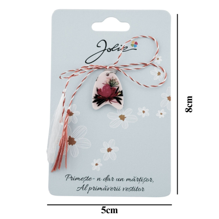 Martisor Traditional din Acril, Jolie, Model Floare Roz, cu Snur Impletit Alb/Rosu, Pandantiv 2 cm, Rosu/Alb [2]