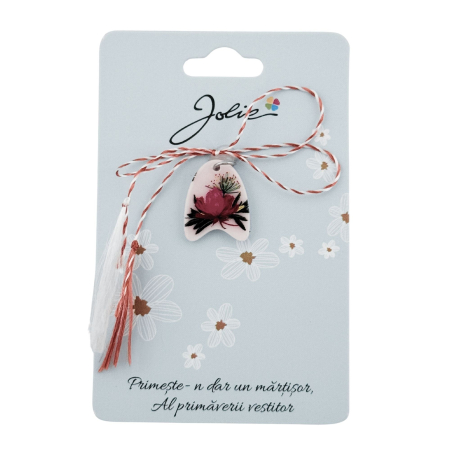 Sub 99 Lei - Martisor Traditional din Acril, Jolie, Model Floare Roz, cu Snur Impletit Alb/Rosu, Pandantiv 2 cm, Rosu/Alb