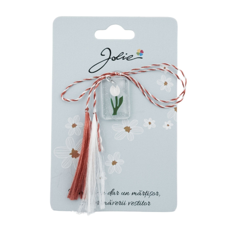 Sub 99 Lei - Martisor Traditional din Acril, Jolie, Model Lalea Alba, cu Snur Impletit Alb/Rosu, Pandantiv 2 cm