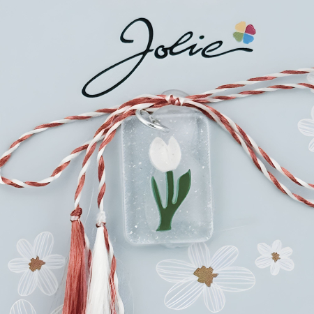 Martisor Traditional din Acril, Jolie, Model Lalea Alba, cu Snur Impletit Alb/Rosu, Pandantiv 2 cm [1]