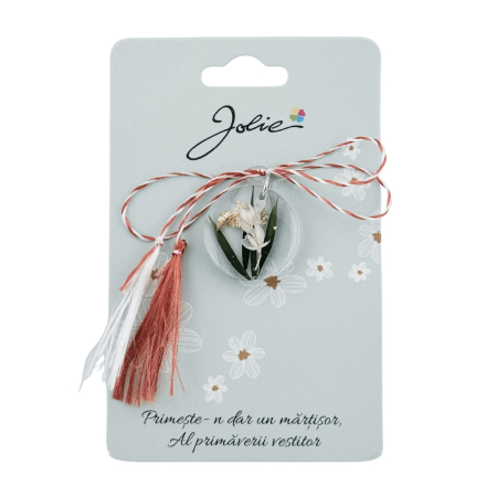 Sub 99 Lei - Martisor Traditional din Acril, Jolie, Model Rotund Floare Alba, cu Snur Impletit Alb/Rosu, Pandantiv 2 cm