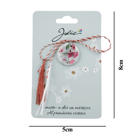 Martisor Traditional din Acril, Jolie, Model Rotund Flori Roz, cu Snur Impletit Alb/Rosu, Pandantiv 2 cm, Multicolor [2]