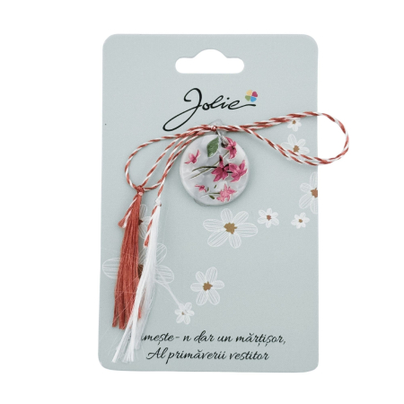 Sub 99 Lei - Martisor Traditional din Acril, Jolie, Model Rotund Flori Roz, cu Snur Impletit Alb/Rosu, Pandantiv 2 cm, Multicolor