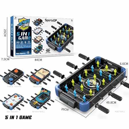 Masa de Joc 5in1 Flippy, cu Teren Schimbabil de Fotbal, Basket, Bowling, Curling si Hockey, cu Tablou Scor, din ABS, 49.8x26x6.6 cm, Design Multicolor, pentru Copii/ Adulti [1]