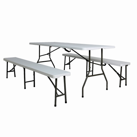 Mobilier gradina - Set masa pliabila 4 persoane din otel cu HDPE 180x70x74 cm + doua banci pliabile din otel si HDPE 183x28x43cm, Wertcraft FURNITURE KJC2061-SET, culoare alba