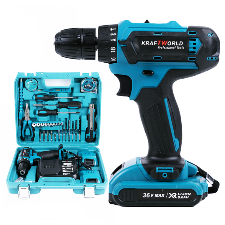 Masina de gaurit si insurubat cu percutie KraftWorld, 36V, trusa 30 accesorii, 2 acumulatori [0]
