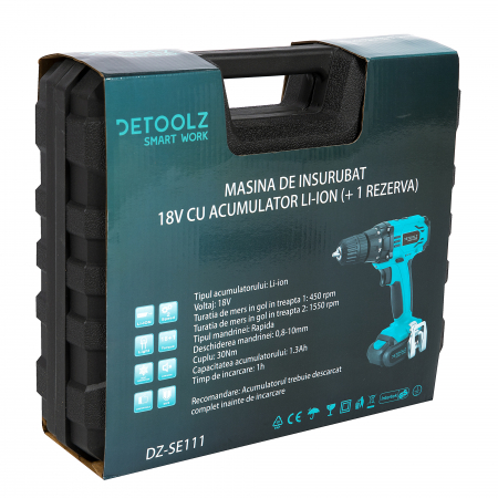 Masina de gaurit si insurubat cu acumulator Detoolz 18V Li-ion, 1.3 Ah, 2 acumulatori [5]