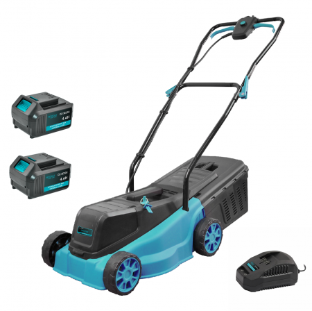Gradina - Masina de tuns gazon Detoolz, 18V, latime de taiere 32cm, colector 20L + Incarcator + 2 acumulatori