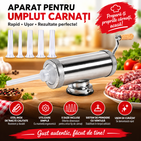 Aparate de umplut cârnați și accesorii - Masina de umplut carnati 2.5 kg cu ventuza, 5 palnii incluse