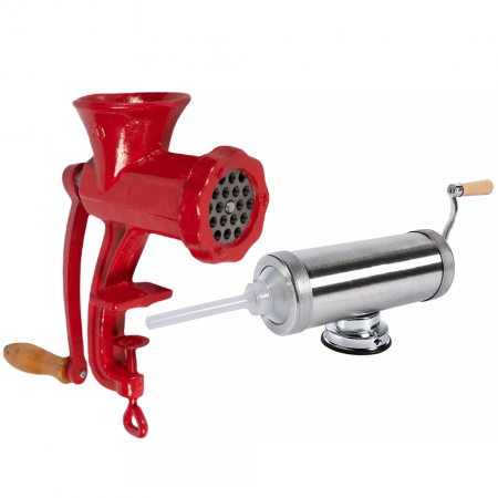 Masini de carnati si accesorii - Masina de umplut carnati 2.5 kg cu ventuza + Masina de tocat carne manuala, fonta nr.10 rosie