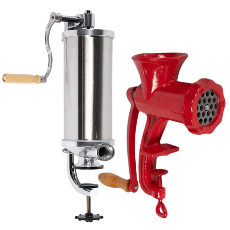 Masini de carnati si accesorii - Masina de umplut carnati 3 kg vertical + Masina de tocat carne manuala, fonta nr.10 rosie