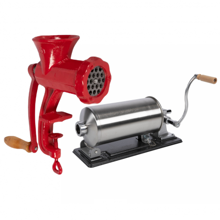 Masini de carnati si accesorii - Masina de umplut carnati 5.5 kg orizontal + Masina de tocat carne manuala, fonta nr.10 rosie