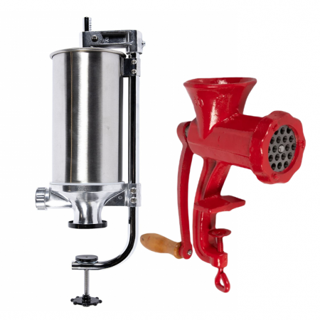 Masini de carnati si accesorii - Masina de umplut carnati 4 kg vertical + Masina de tocat carne manuala, fonta nr.10 rosie