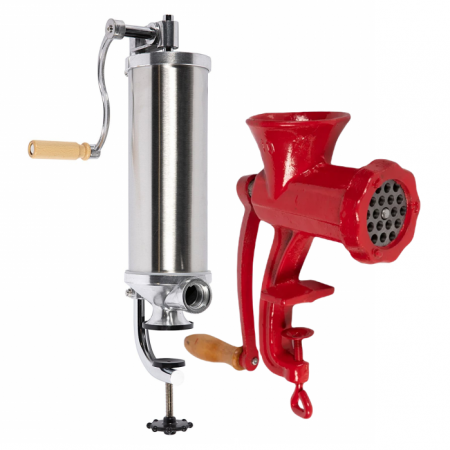 Masini de carnati si accesorii - Masina de umplut carnati 2.5 kg vertical + Masina de tocat carne manuala, fonta nr.10 rosie