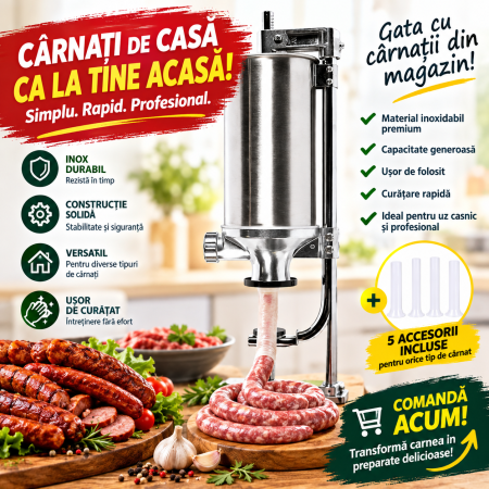 Aparate de umplut cârnați și accesorii - Masina de umplut carnati 4 kg vertical, 5 palnii incluse