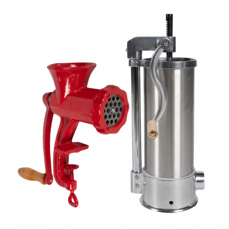 Bucatarie si electrocasnice - Masina de umplut carnati 5.5 kg vertical + Masina de tocat carne manuala, fonta nr.10 rosie