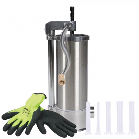 Pentru Casa si Camping - Masina de umplut carnati 5,5 kg vertical, 5 palnii incluse + Manusi
