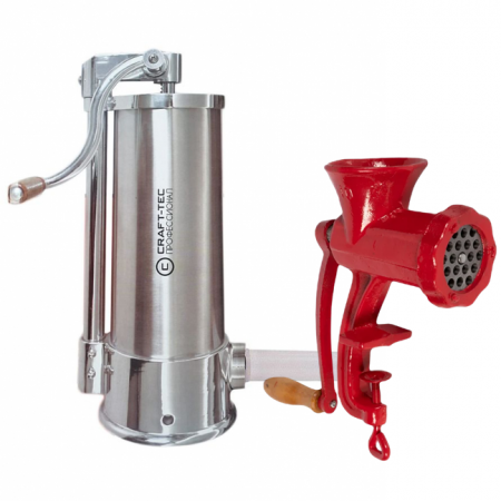 Pentru Casa si Camping - Masina de umplut carnati 6 kg vertical + Masina de tocat carne manuala, fonta nr.10 rosie