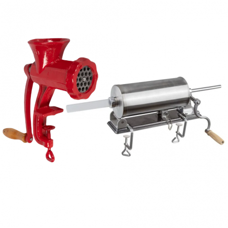 Masini de carnati si accesorii - Masina de umplut carnati volum 4kg, 5 palnii incluse, orizontal din inox, masina de tocat carne nr 10