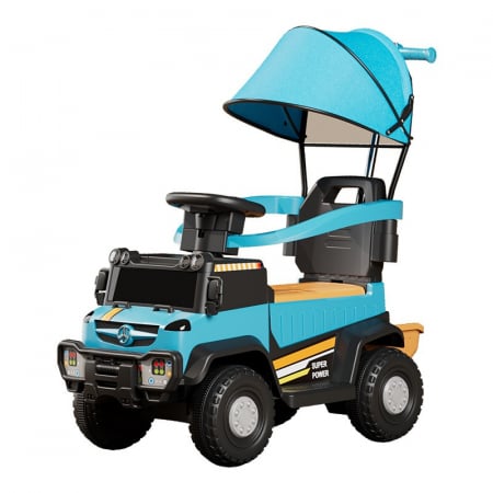 Jucarii, Copii & Bebe - Masinuta Electrica, Flippy, pe 4 Roti, cu Telecomanda si Maner Detasabil, Cos de Depozitare, Lumini Led si Muzica, +1 an, Greutate Portanta 40 kg, Albastru