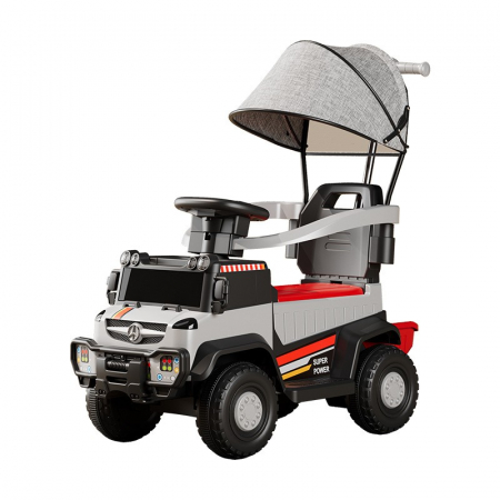 Jucarii, Copii & Bebe - Masinuta Electrica, Flippy, pe 4 Roti, cu Telecomanda si Maner Detasabil, Cos de Depozitare, Lumini Led si Muzica, +1 an, Greutate Portanta 40 kg, Gri