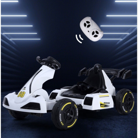 Masinuta Electrica Flippy, Tip Kart, cu Telecomanda, Dimensiune Reglabila, 2 Viteze, Sistem de Lumini si Sunet, Pentru Copii intre 1.2 - 1.6 Inaltime, 105 x 55 x 50 cm, Alb [1]